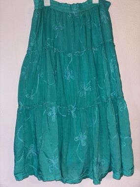 Nomadic Traders Woman’s Teal Embroidered Tiered Maxi Skirt Size M